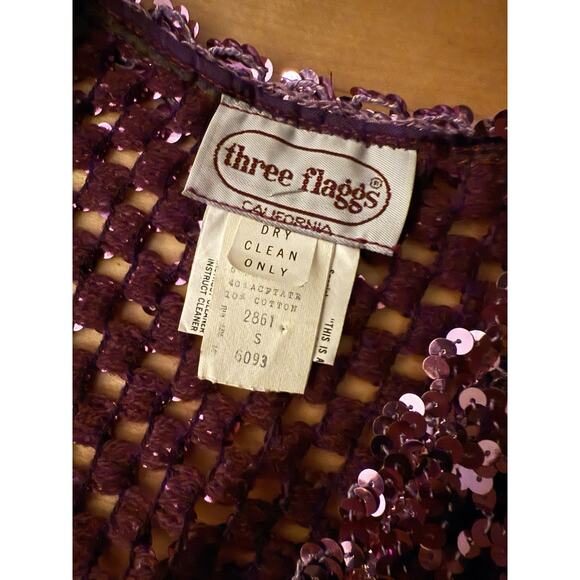 VTG Three Flags Sequin V Neck Balloon Sleeve Purple Top S - Picture 2 of 4